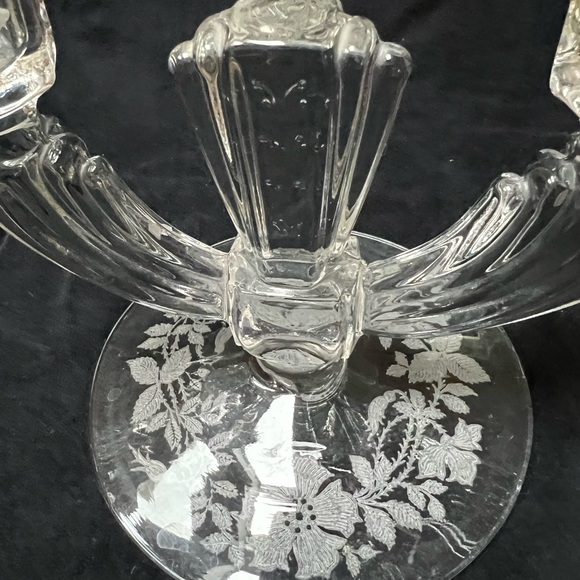 Lovely Vintage Tiffin Glass Double Light Candle Holder. Etched Flowers on base. - Picture 6 of 9